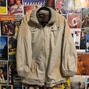 Vintage Beige Bomber Jacket with Plaid Interior